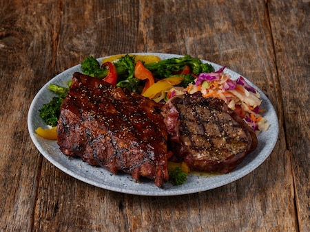 Ribs & 5oz Bacon Wrapped Sirloin